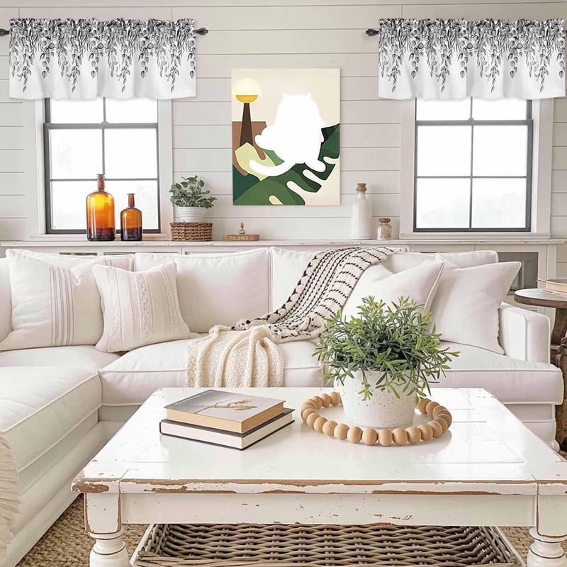 Eucalyptus Leaves Valances for Windows, Short Curtains for Kitchen/Bathroom, Black Grey Summer Botanical Weeping Rod Pocket Window Treatment for Living Room/Doorway/Bedroom/Cafe Decor Panel 60"x14 - Image 4