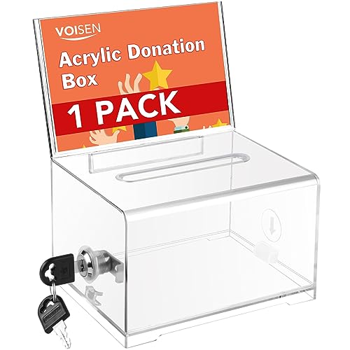 VOISEN Clear Donation Box with Lock,Ballot Box with Sign Holder,Suggestion Boxes for Fundraising, Tip Jar with Slot for School,Conference 6.2x4.6x3.9 Inch - Image 1