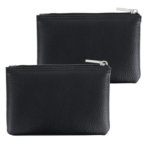 PENGJINYU 2 Pack Leather Zipper Coin Purse, Portable PU Leather Coin Purse,Mini Coin Pocket Pouch Change Holder, Coin Pouch with Zipper for Men Women Headset Credit Card ID Key Lipstick (Black) - Image 1