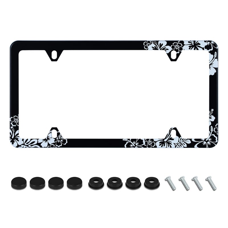 UNINDREM Hibiscus Flower License Plate Frame Hawiian Tropical Floral License Plate Holder Stainless Steel Auto Parts Decoration with Screws for Men Women License Plate 4 Holes 1pcs - Image 1