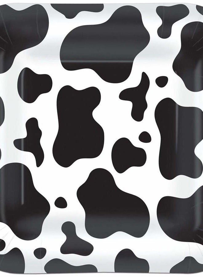 8 Piece Square Barnyard Lunch Paper Tableware for Farm Animal Theme Birthday Parties, Cow Print Plates - 7 Inch, Black/White
