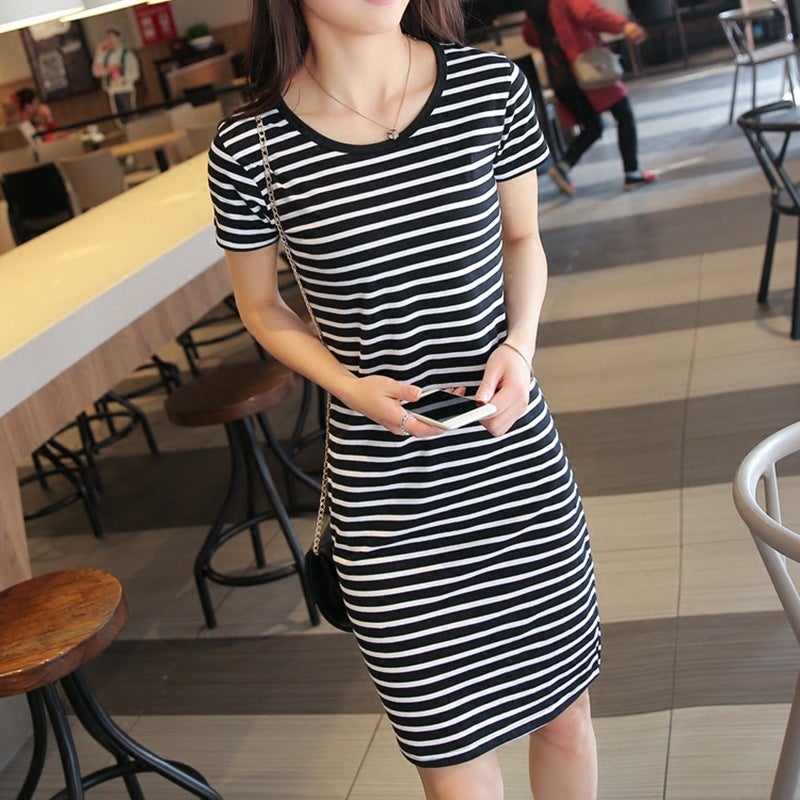 Plus Size Korean Style Loose-Fit Short Sleeve Striped Medium-Length Slimmer V-Neck Dress New Summer 2023 Fashion 510 White  - Image 2