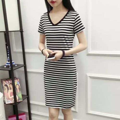 Plus Size Korean Style Loose-Fit Short Sleeve Striped Medium-Length Slimmer V-Neck Dress New Summer 2023 Fashion 510 White  - Image 4