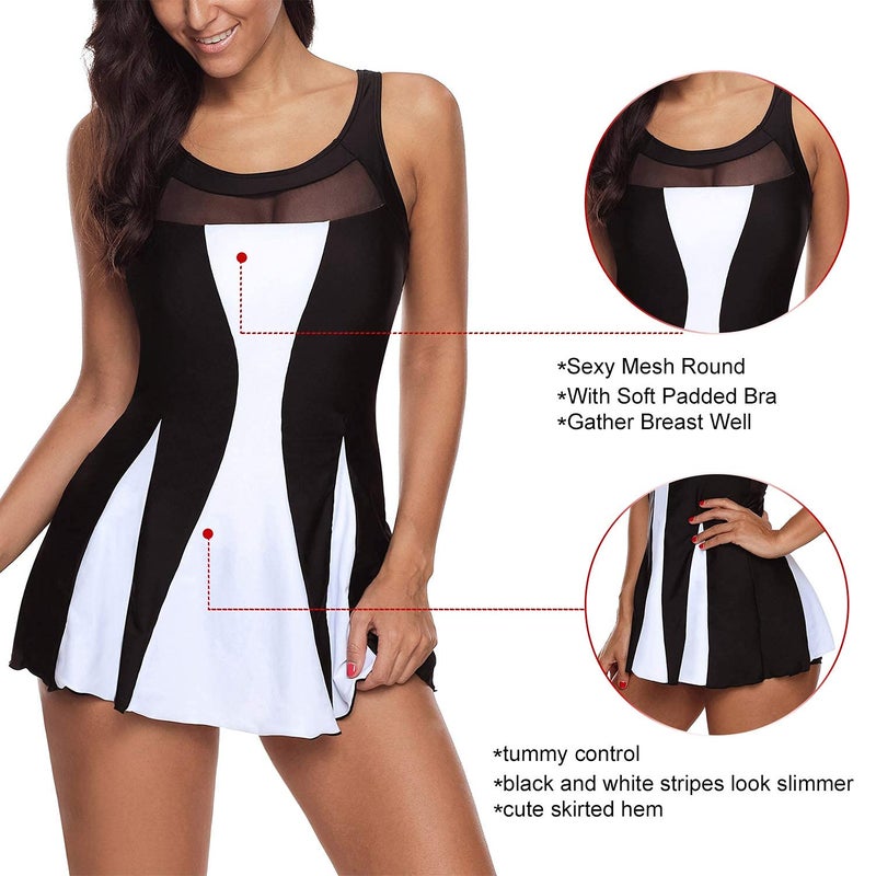 Zando Women's Tummy Control Swim Dress | One Piece Swimsuit with Skirt & Mesh for Over 50, Color Block Design A Black White L (US 10-12) - Image 5