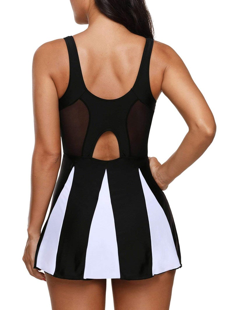 Zando Women's Tummy Control Swim Dress | One Piece Swimsuit with Skirt & Mesh for Over 50, Color Block Design A Black White L (US 10-12) - Image 4