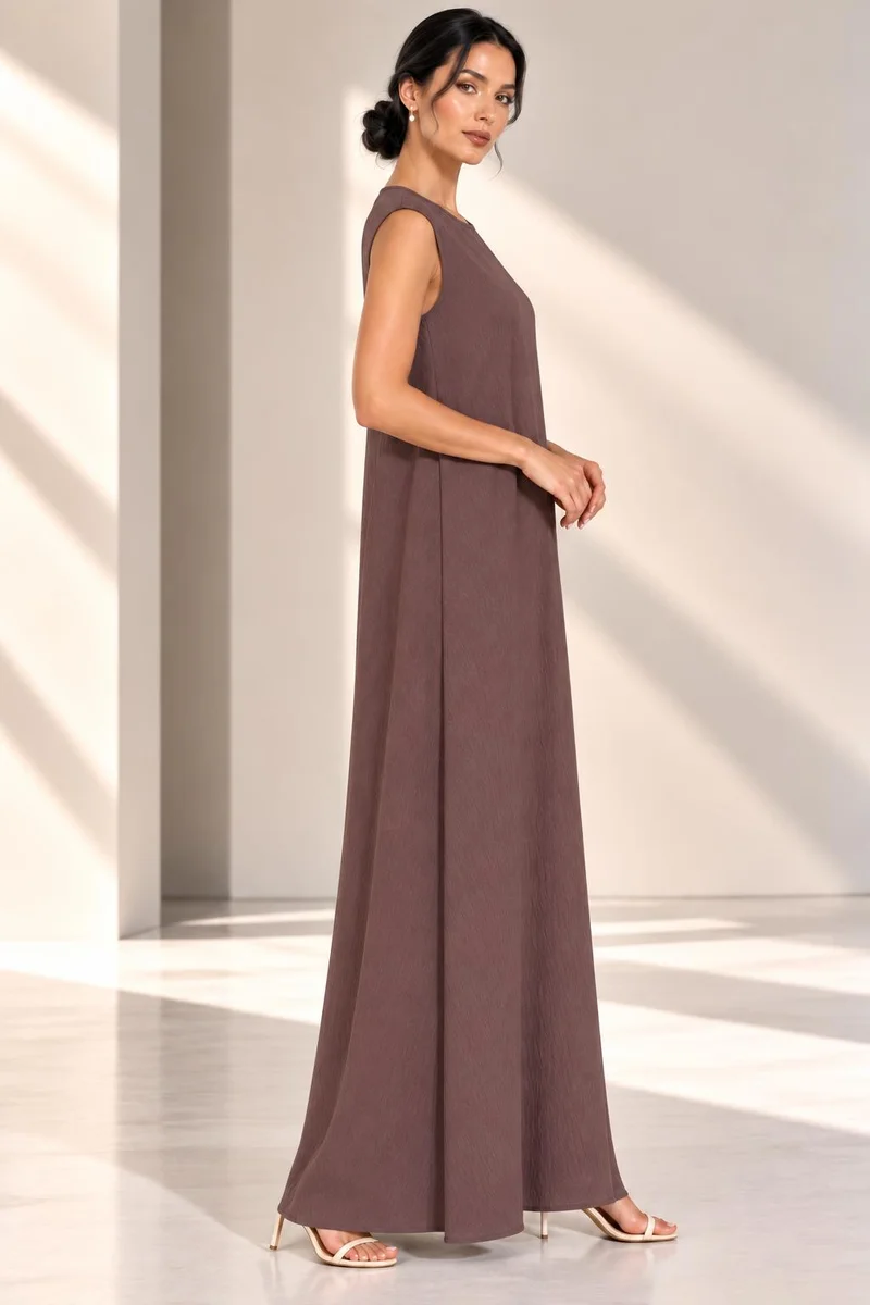 Nikias Nikias Plum Sleeveless Maxi Inner Dress for Women – Straight Cut, Round Neck