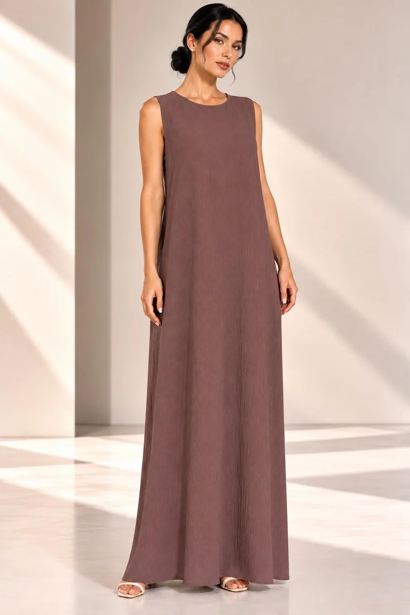 Nikias Nikias Plum Sleeveless Maxi Inner Dress for Women – Straight Cut, Round Neck