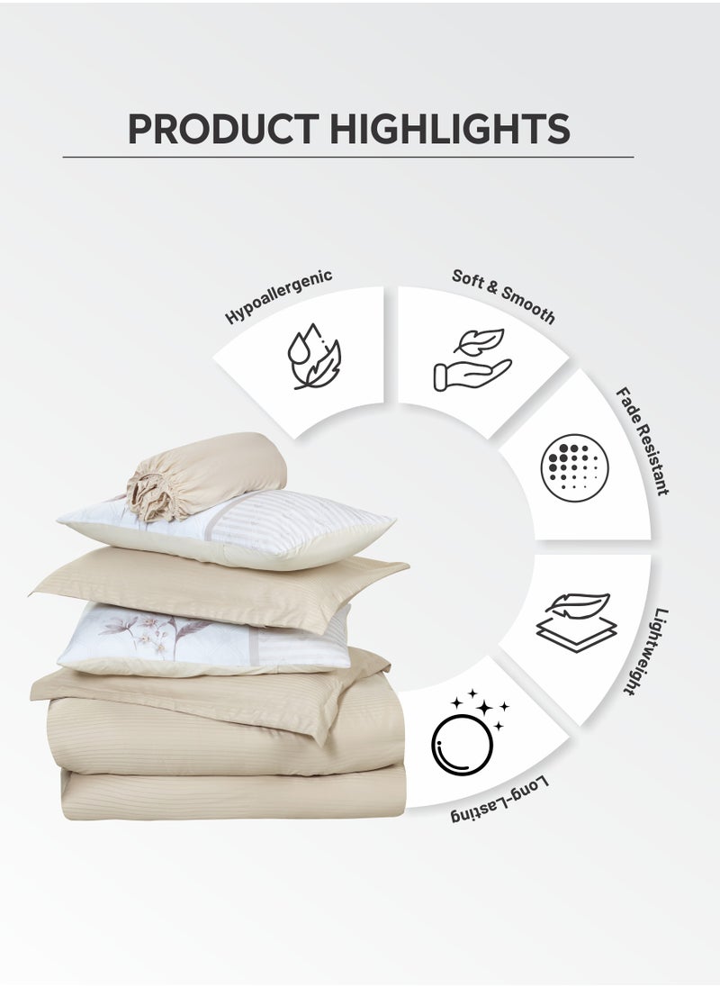 Donetella - Duvet Set 4-Pcs Single Size Striped Microfiber Bed Set  With 1 Duvet Cover(160 x 220 CM) 1 Fitted Sheet 1 PillowSham And 1 Pillowcases(Without Filler),Beige - Image 1