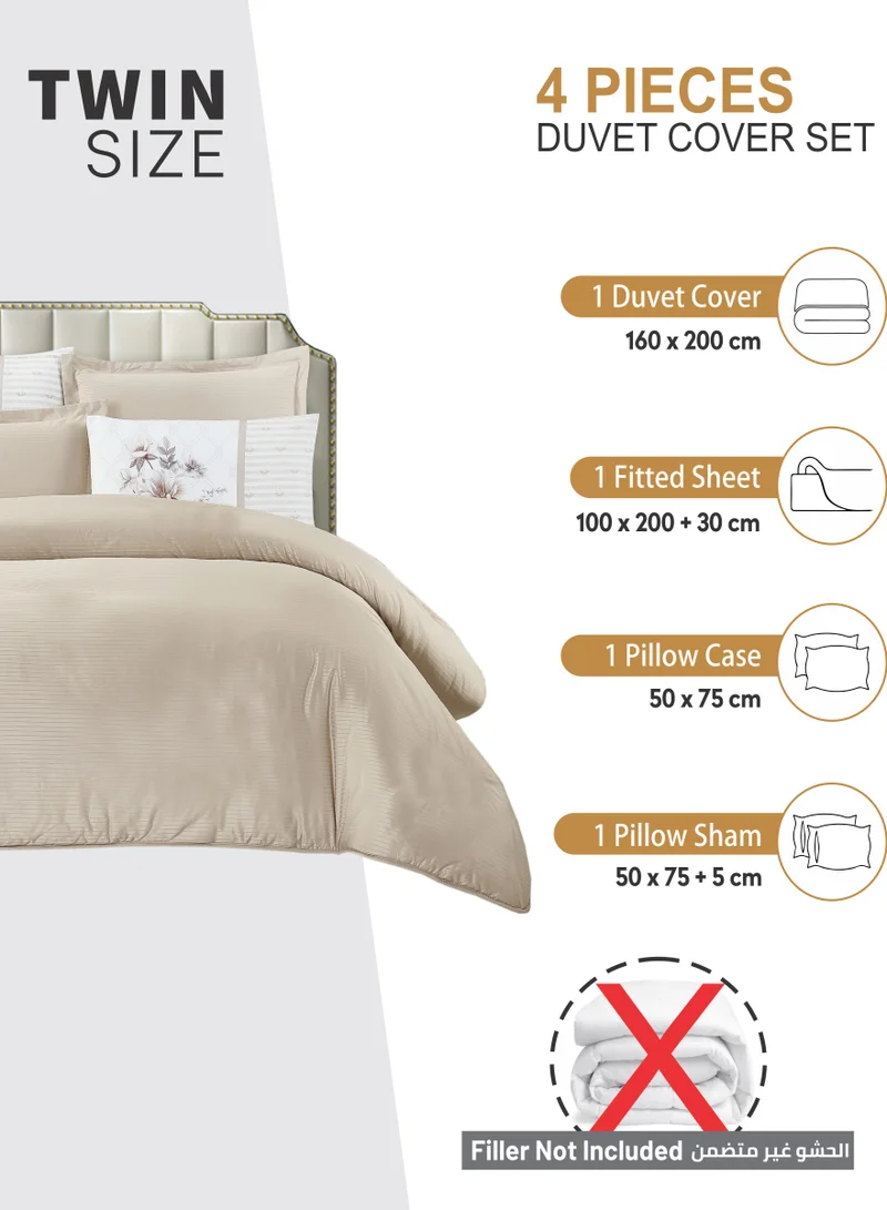 Donetella Duvet Set 4-Pcs Single Size Striped Microfiber Bed Set  With 1 Duvet Cover Fits 100 x 200cm- 1 Fitted Sheet 1 PillowSham And 1 Pillowcases(Without Filler),Beige