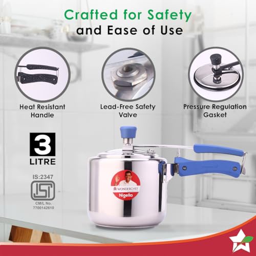 Wonderchef Nigella Inner Lid Stainless Steel Pressure Cooker, 5 Liter, Gas Stove & Induction Friendly, Silver, 5 Year Warranty, ISI Certified - Image 3