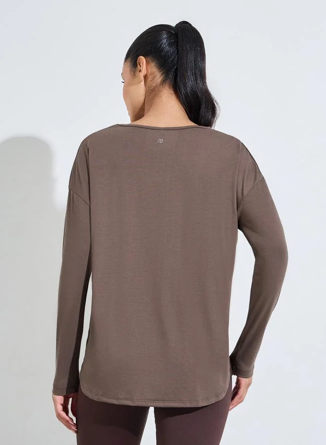 Styli Active  Brown Solid Long Sleeve Activewear Top With Side Slit for Women | Best Price UAE