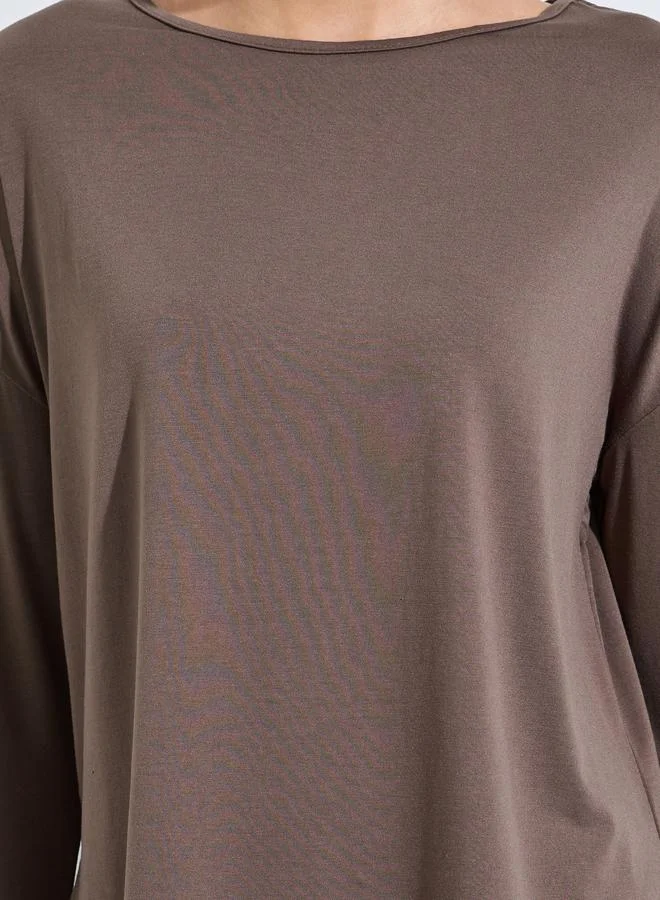 Styli Active  Brown Solid Long Sleeve Activewear Top With Side Slit for Women | Best Price UAE