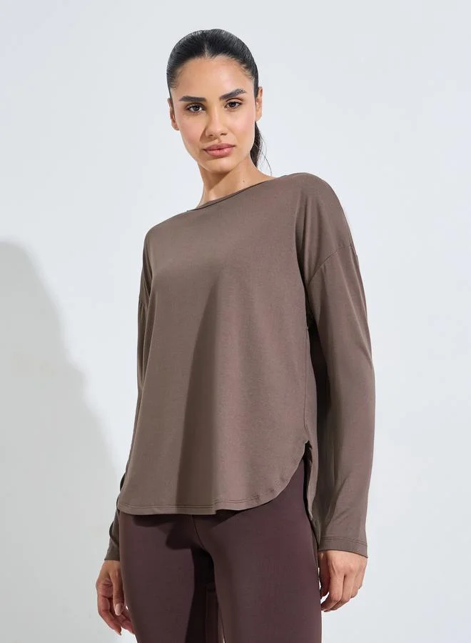 Styli Active Brown Solid Long Sleeve Activewear Top With Side Slit