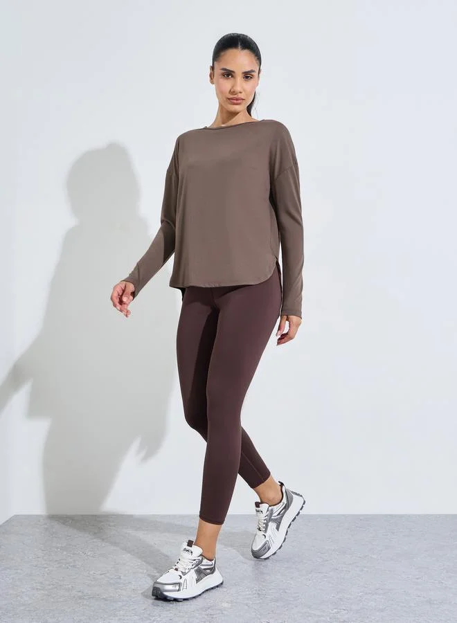 Styli Active Brown Solid Long Sleeve Activewear Top With Side Slit