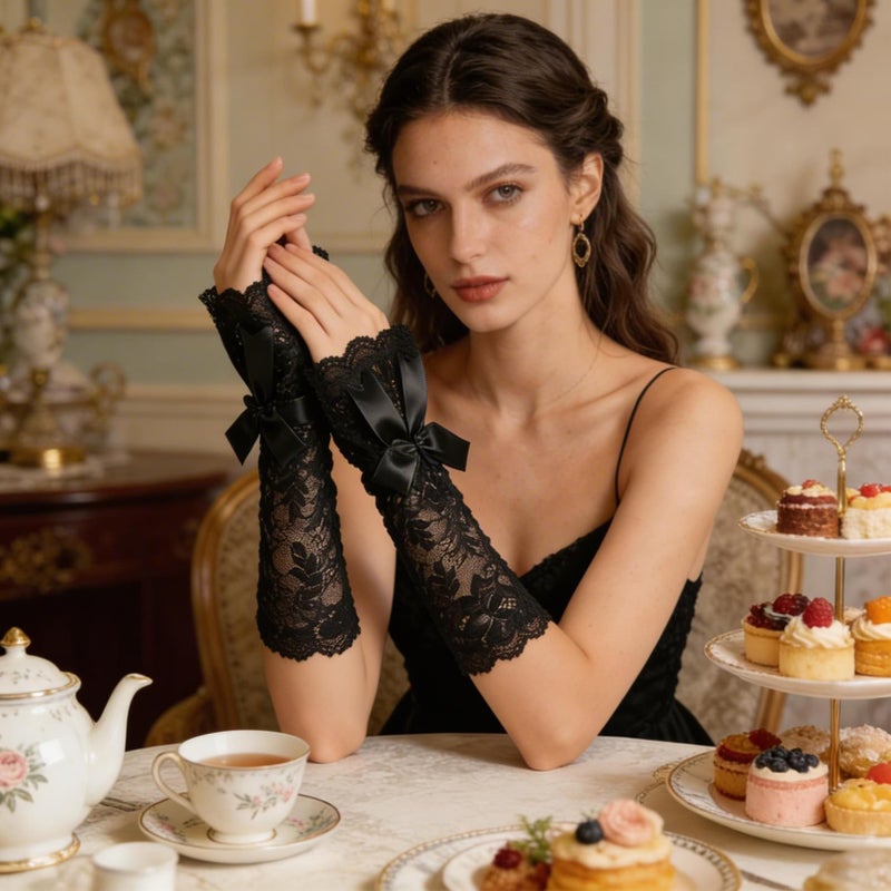 Avidlove Ruffle Bow Lace Gloves for Women Fingerless Elbow Length Costume Gloves for Masquerade Opera Tea Party Goth - Image 4