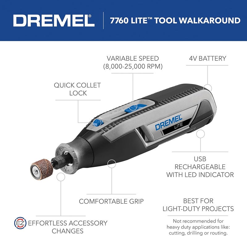 DREMEL Lite 7760 N/10 4V Li-Ion Cordless Rotary Tool, Variable Speed Multi-Purpose Kit, USB Charging, Easy Accessory Changes - Perfect For Light-Duty DIY & Crafting, Sanding, Engraving and Polishing - Image 2