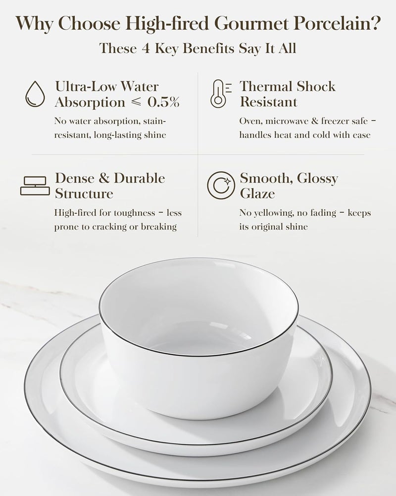 MALACASA All climate suitability 12 Pieces Gourmet Porcelain Dinnerware Sets, Premium Plates and Bowls Set, High-Fired Dishes Set for 4, Chip & Scratch Resistant, Microwave Dishwasher Safe, White & Black Rim, Series LEXI Durability enhanced - Image 5