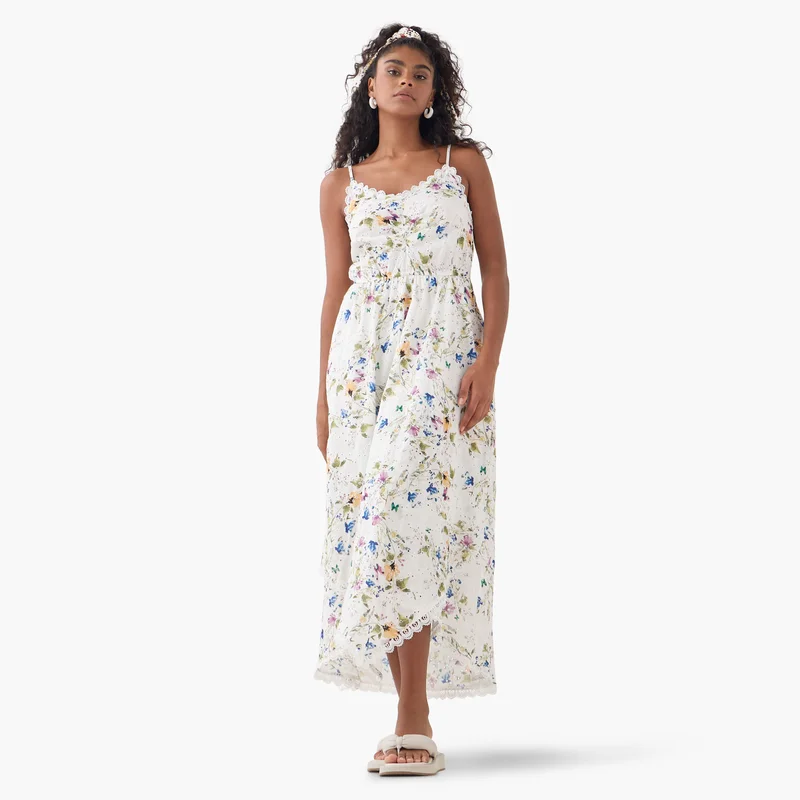 2Xtremz 2Xtremz Floral Print Sleeveless Maxi Dress with V-neck and Schiffli Detail