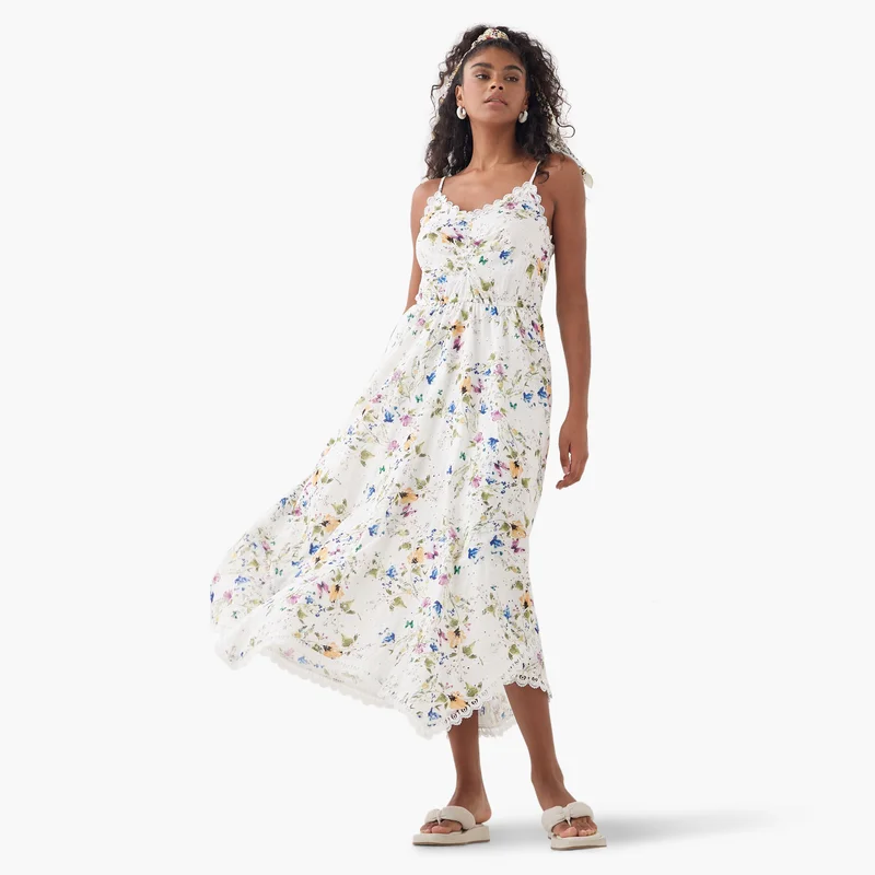 2Xtremz 2Xtremz Floral Print Sleeveless Maxi Dress with V-neck and Schiffli Detail