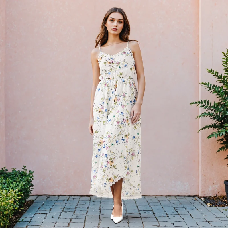 2Xtremz 2Xtremz Floral Print Sleeveless Maxi Dress with V-neck and Schiffli Detail