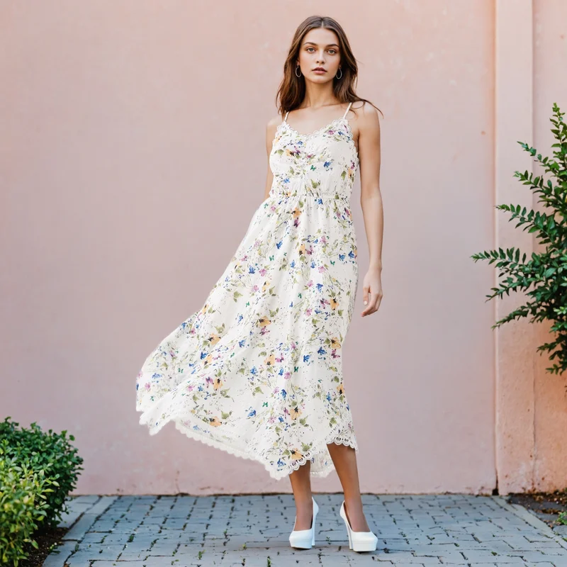 2Xtremz 2Xtremz Floral Print Sleeveless Maxi Dress with V-neck and Schiffli Detail
