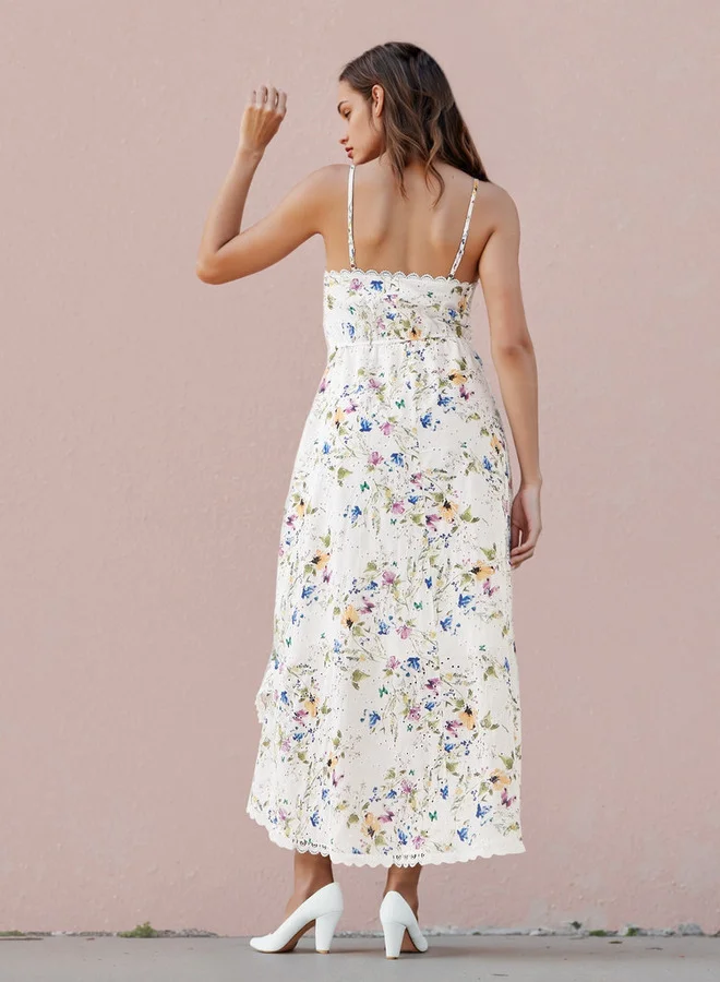 2Xtremz 2Xtremz Floral Print Sleeveless Maxi Dress with V-neck and Schiffli Detail
