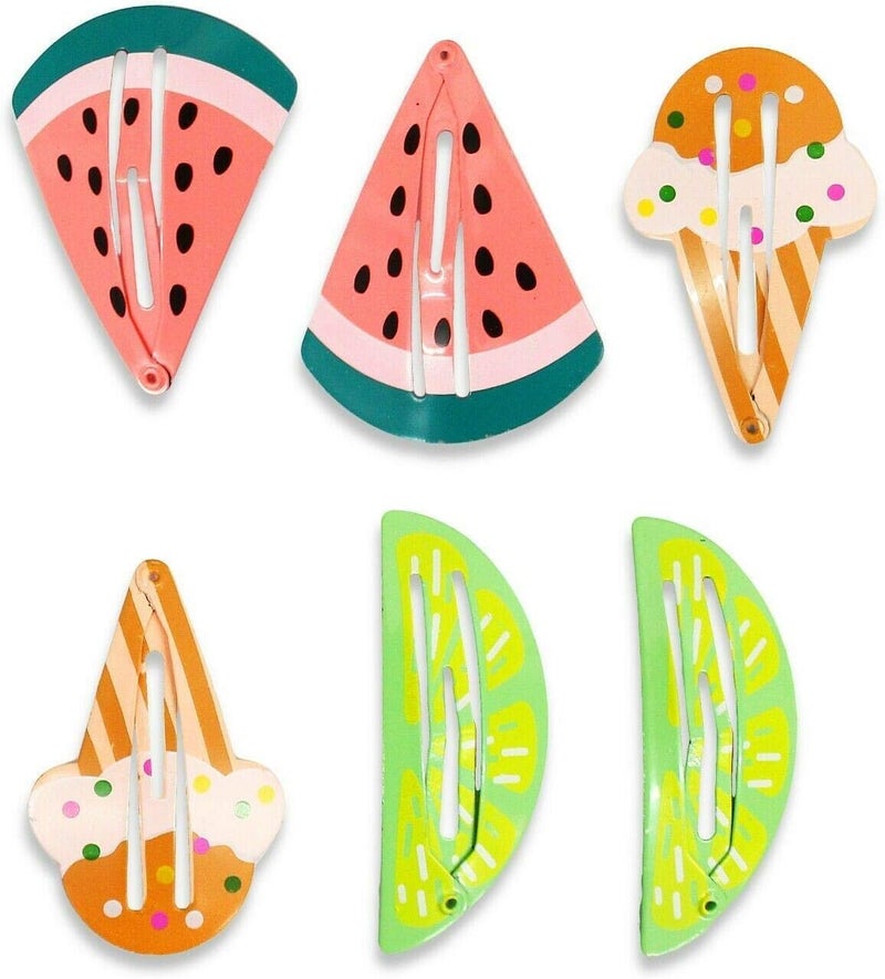 Kids Girls Bendies Sleepies Hair Snap Clip Slides Novelty Design Set Watermelon Ice Cream Melon Set