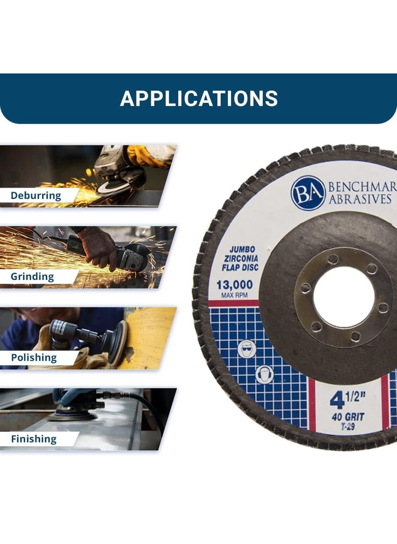 Benchmark Abrasives Benchmark Abrasives 4.5" x 7/8" Premium High Density Jumbo Zirconia Type 29 Flap Discs 4 1/2 for Angle Grinder, Sanding Discs, Finishing - Grinding Wheels 4 1/2 Inch (10 Pack) - 40 Grit  - Image 3