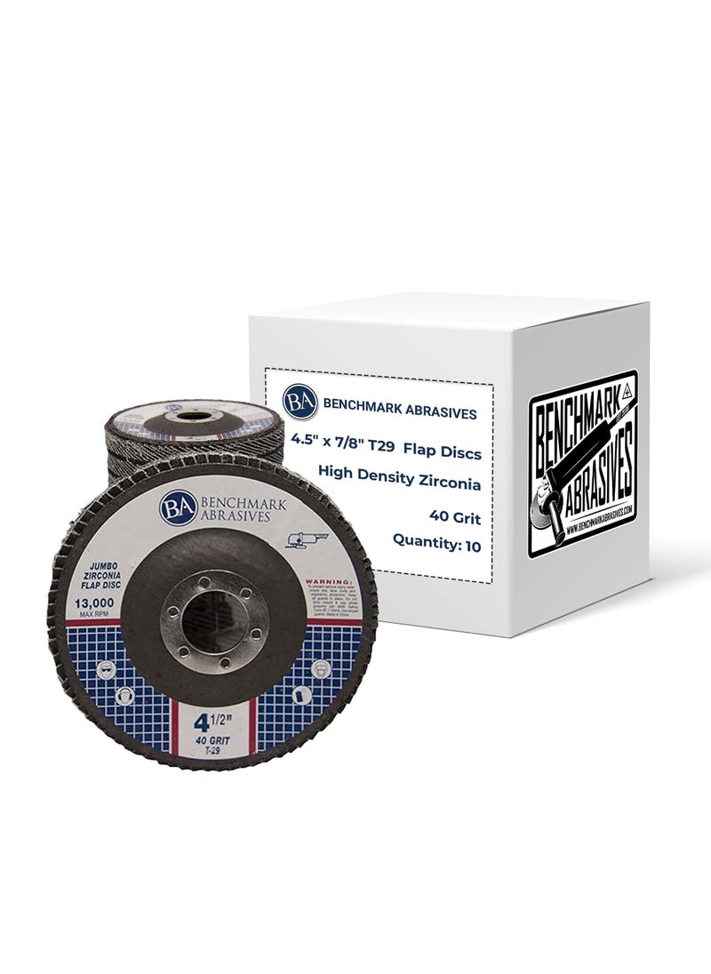 Benchmark Abrasives Benchmark Abrasives 4.5" x 7/8" Premium High Density Jumbo Zirconia Type 29 Flap Discs 4 1/2 for Angle Grinder, Sanding Discs, Finishing - Grinding Wheels 4 1/2 Inch (10 Pack) - 40 Grit  - Image 1