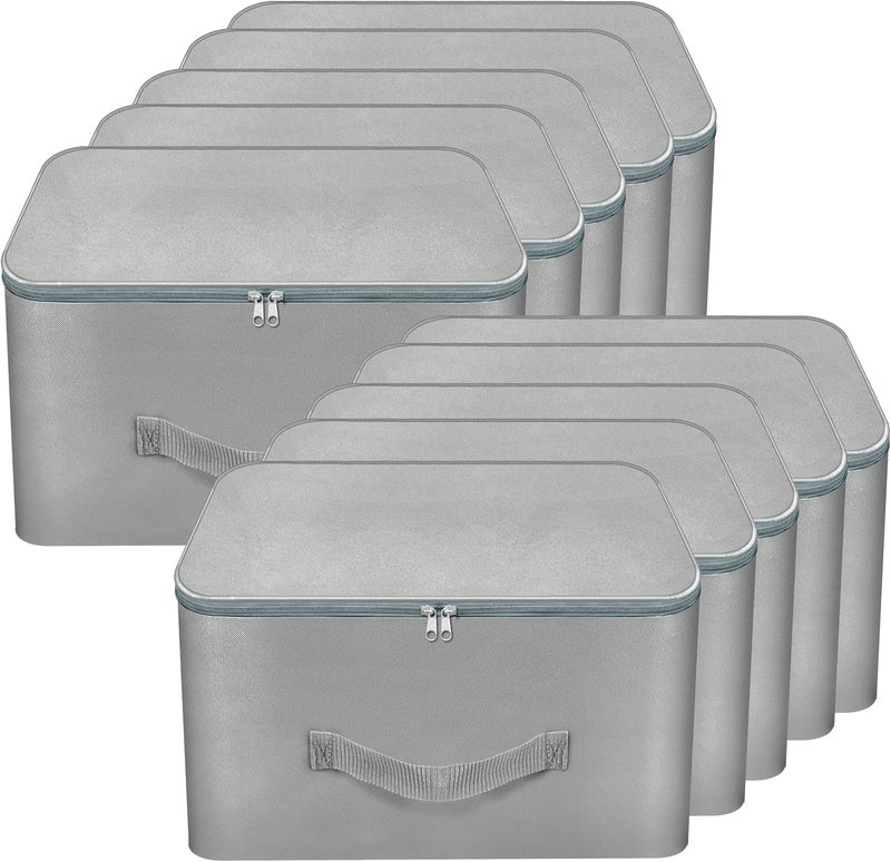 Storite 10 Pack Nylon Wardrobe Bag Underbed Moisture Proof Cloth Storage Organiser with Zippered Closure & Handle (Grey, 38x35.5x25.4 cm) Square - Image 1