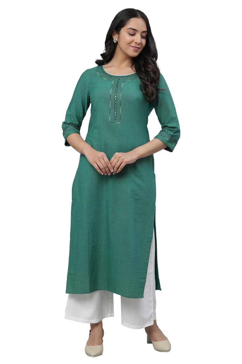 Aurelia Green Thread Embroidered Cotton Striped Regular Kurta for Women - Image 1