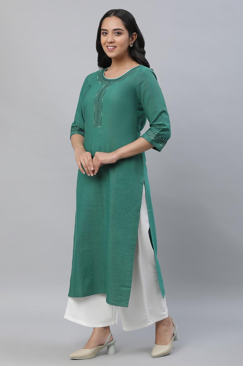 Aurelia Green Thread Embroidered Cotton Striped Regular Kurta for Women - Image 3
