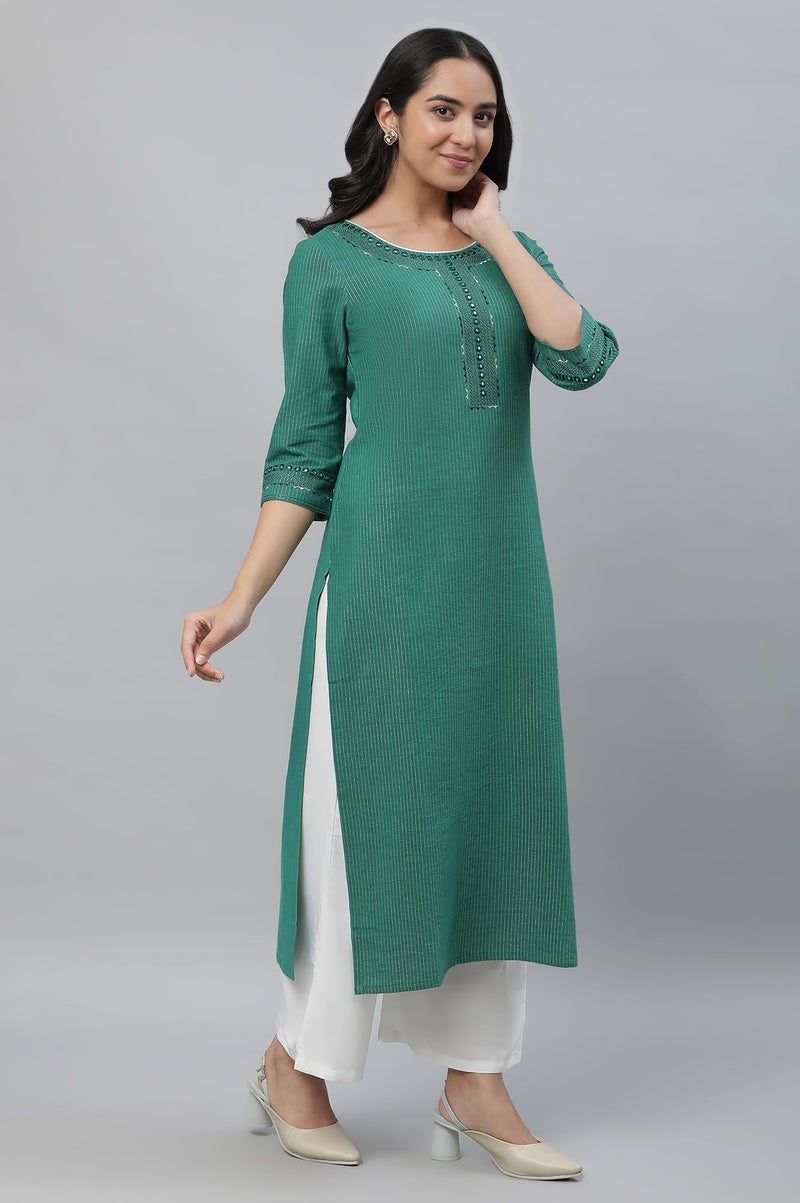 Aurelia Green Thread Embroidered Cotton Striped Regular Kurta for Women - Image 5