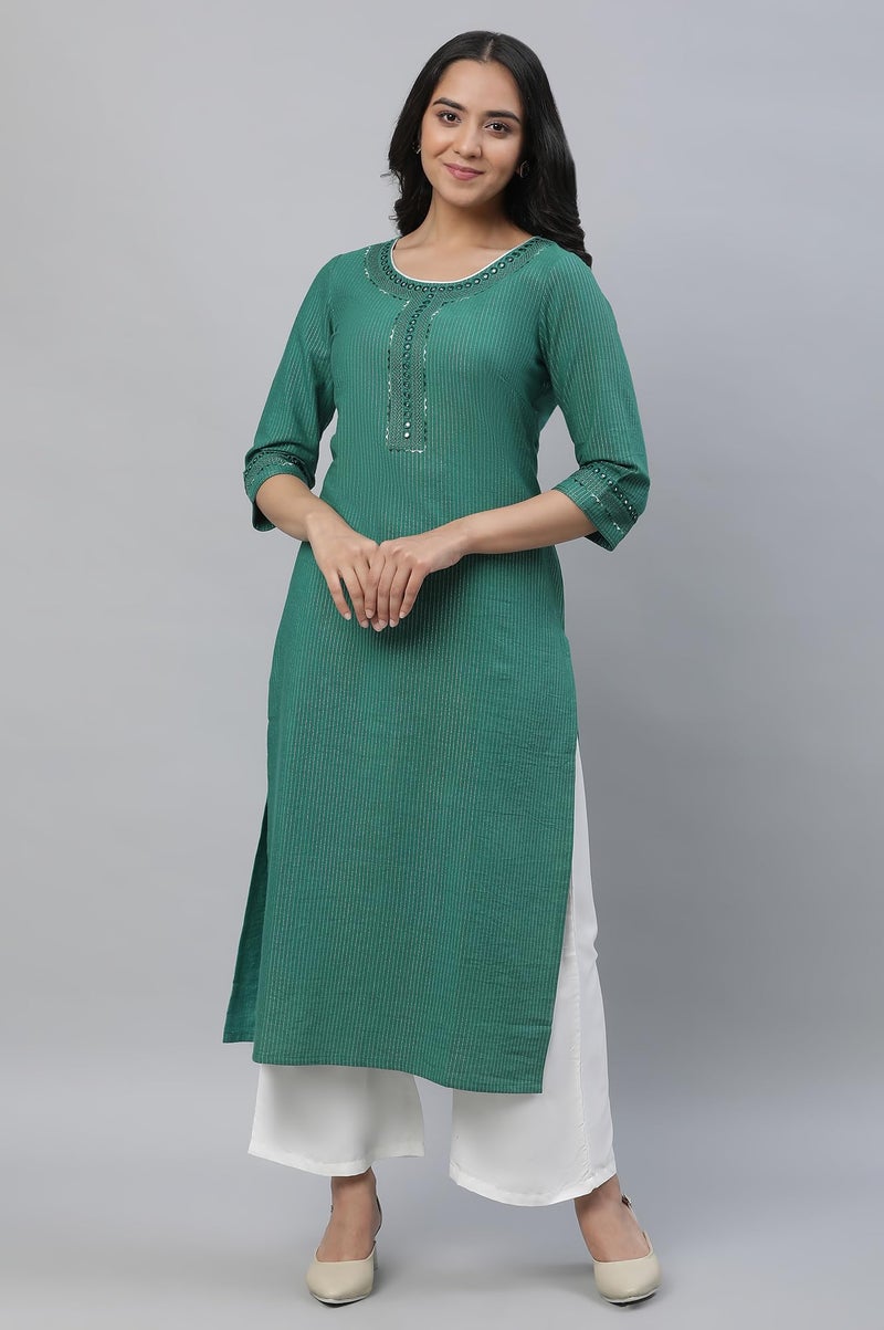 Aurelia Green Thread Embroidered Cotton Striped Regular Kurta for Women - Image 2