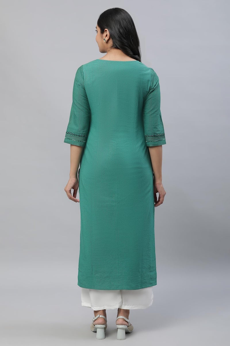 Aurelia Green Thread Embroidered Cotton Striped Regular Kurta for Women - Image 4
