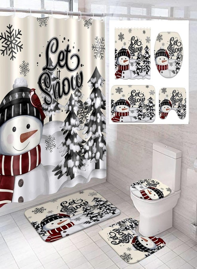 Drydiet 4 Pcs Christmas Snowman Shower Curtain Sets with Non Slip Rugs Toilet Lid Cover Bath Mat and 12 Hooks Let It Snow Winter Snowman Bathroom Decor Snowflake Shower Curtain(Black) - Image 1