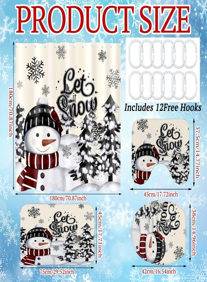 Drydiet 4 Pcs Christmas Snowman Shower Curtain Sets with Non Slip Rugs Toilet Lid Cover Bath Mat and 12 Hooks Let It Snow Winter Snowman Bathroom Decor Snowflake Shower Curtain(Black) - Image 2