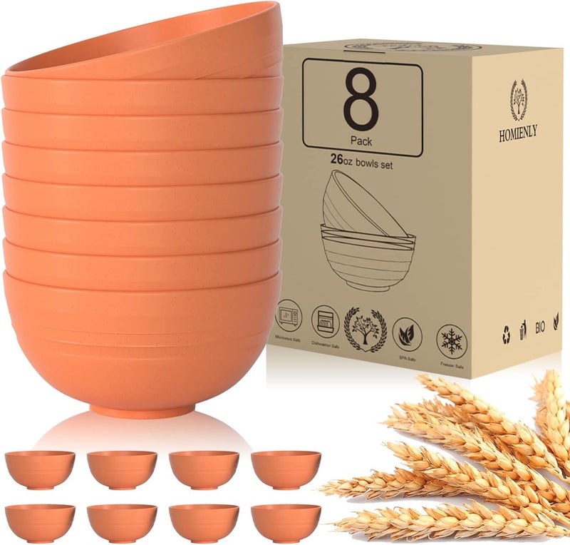 Homienly Wheat Straw Cereal Bowl Set Wheat Straw Bowls Set  8 PCS Unbreakable Lightweight Bowl for Kitchen Camping Microwave and Dishwasher Safe Bowls Soup Bowl Orange 26 OZ - Image 1