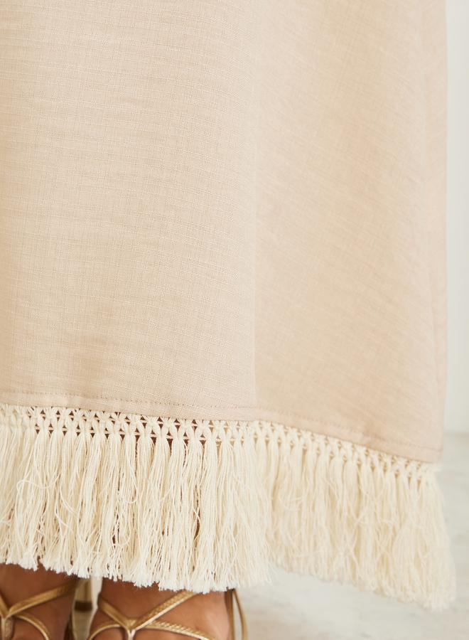 Styli Women Beige A-Line Maxi Skirt with Fringe Hem - Image 4
