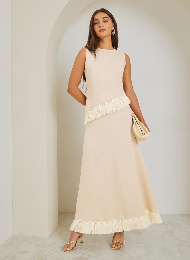 Styli Women Beige A-Line Maxi Skirt with Fringe Hem - Image 3