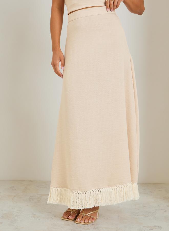 Styli Women Beige A-Line Maxi Skirt with Fringe Hem - Image 2