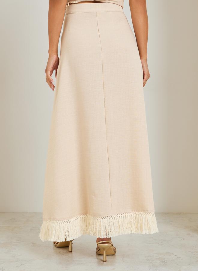 Styli Women Beige A-Line Maxi Skirt with Fringe Hem - Image 5
