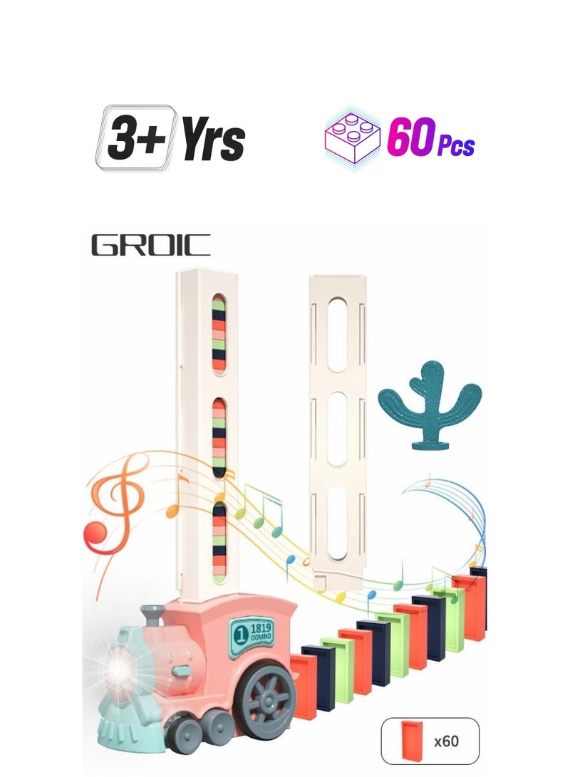 GROIC 60 Pieces Dominos Train Toy Set, Automatic Domino Rally Train Model with Light and sound, Kids Domino Blocks Building Stacking Toy, Domino Set Stacker Game STEM Creative Gift  - Image 1