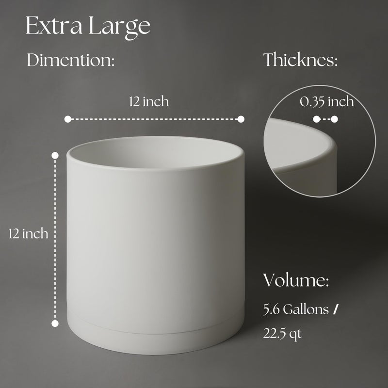 Giraffe Creation 12-Inch Round Cylinder Plant Pot, Modern Indoor/Outdoor Planter with Drainage Hole, Saucer & Water Reservoir, White - Image 3