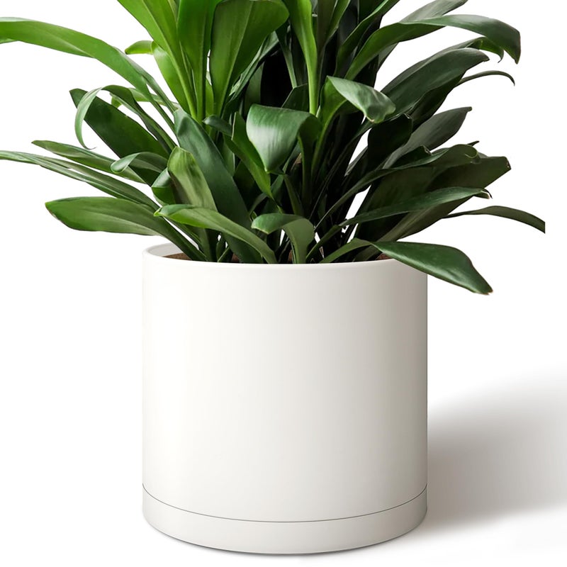 Giraffe Creation 12-Inch Round Cylinder Plant Pot, Modern Indoor/Outdoor Planter with Drainage Hole, Saucer & Water Reservoir, White - Image 1
