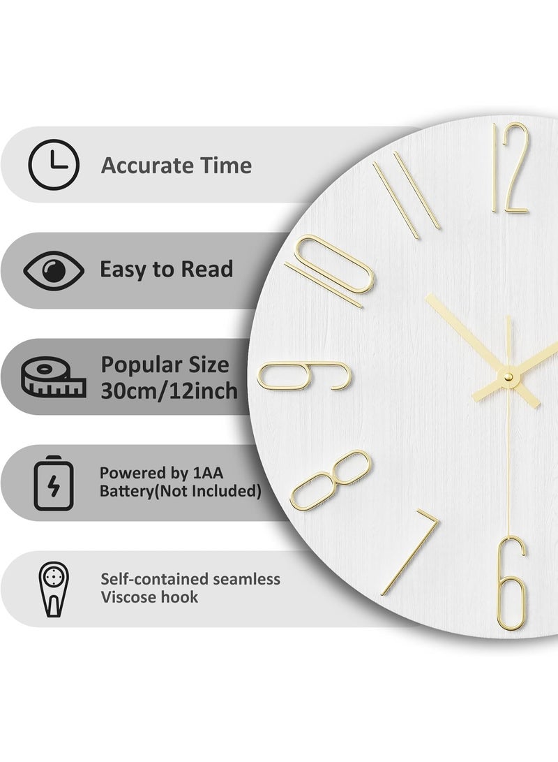 ساعة حائط، ساعة حائط 12 بوصة صامتة لا تصدر صوت تكتكة، ساعة ديكور دقيقة على الطراز الحديث للمنزل والمكتب والمدرسة والمطبخ وغرفة النوم وغرفة المعيشة (أحرف جرس بيضاء ذهبية) - Image 1