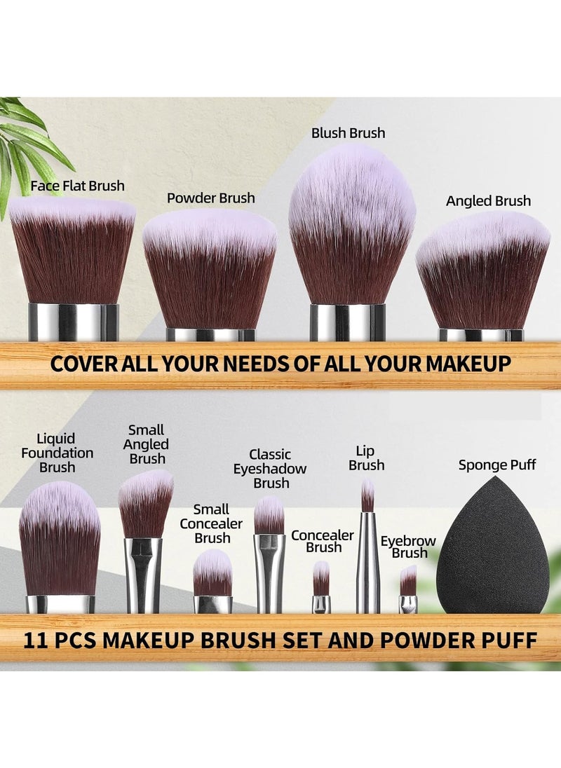 BS Mall BS MALL Makeup Brush Set 11Pcs Bamboo Synthetic Kabuki Brush Set Foundation Powder Blending Concealer Eye shadows Blush Cosmetics Brushes with Organizer Bag & Makeup Sponge  - Image 4