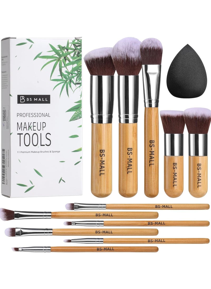 BS Mall BS MALL Makeup Brush Set 11Pcs Bamboo Synthetic Kabuki Brush Set Foundation Powder Blending Concealer Eye shadows Blush Cosmetics Brushes with Organizer Bag & Makeup Sponge  - Image 1