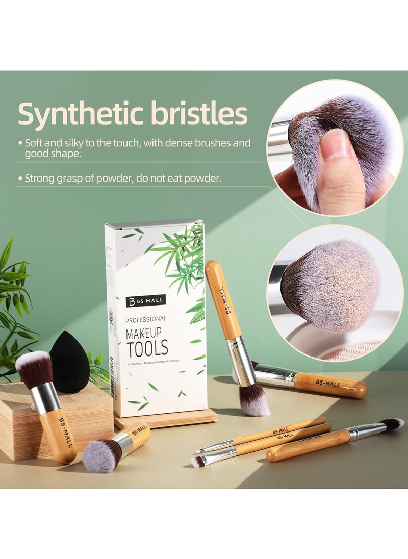 BS Mall BS MALL Makeup Brush Set 11Pcs Bamboo Synthetic Kabuki Brush Set Foundation Powder Blending Concealer Eye shadows Blush Cosmetics Brushes with Organizer Bag & Makeup Sponge  - Image 2
