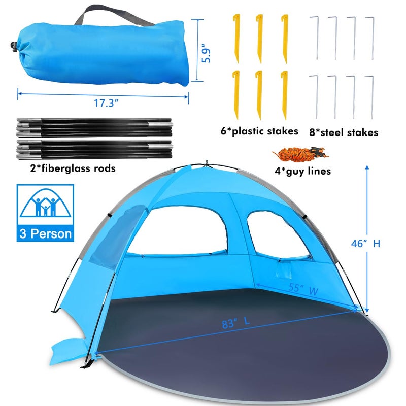 WhiteFang Beach Tent Anti-UV Portable Sun Shade Shelter for 3 Person, Extendable Floor with 3 Ventilating Mesh Windows Plus Carrying Bag, Stakes and Guy Lines (Blue) - Image 4